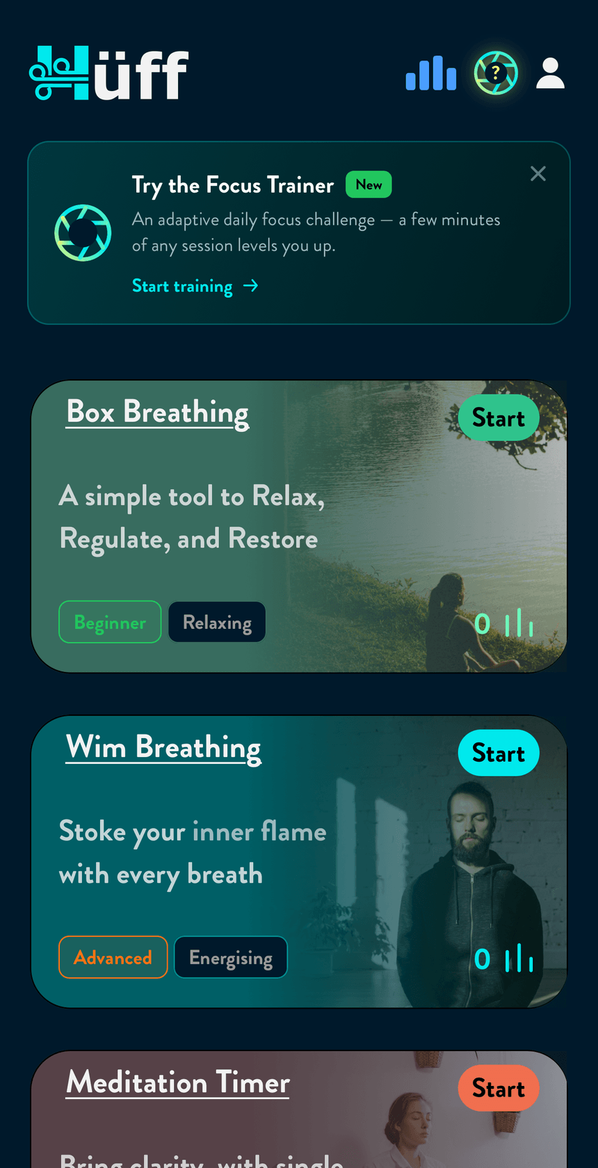 The Huff home screen — Focus Trainer alongside breathwork and meditation