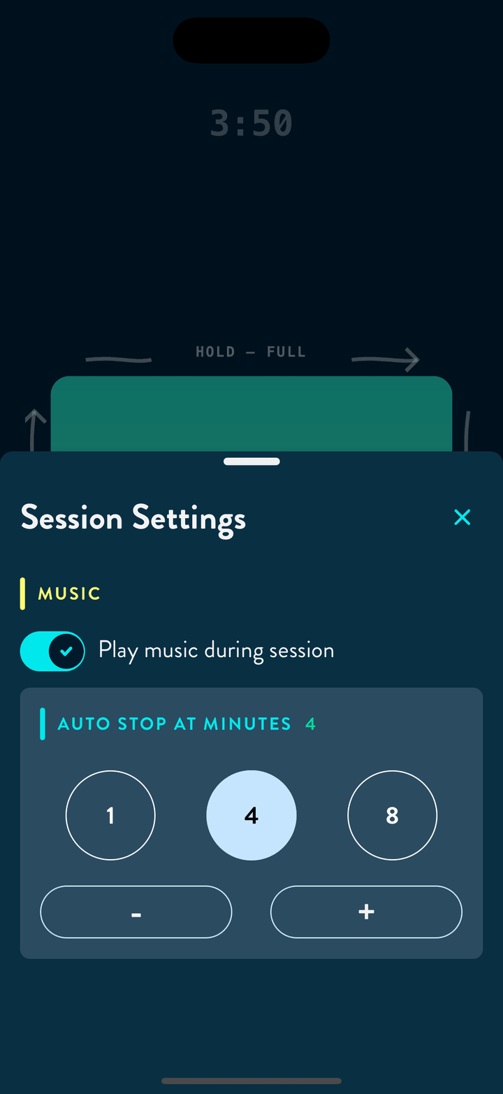 Box session settings in Huff: music, and an auto-stop after one, four or eight minutes