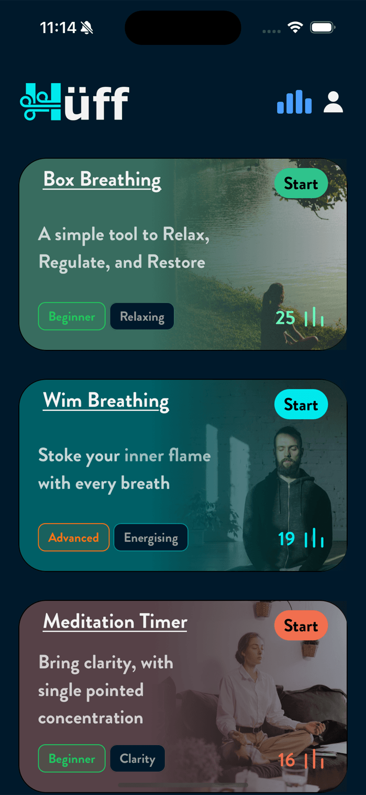 The Huff home screen — breathwork modules